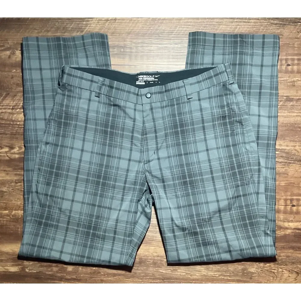 Nike Golf Tour Performance Dri-Fit Pants Men 34x32 Gray Black Plaid Preppy‎